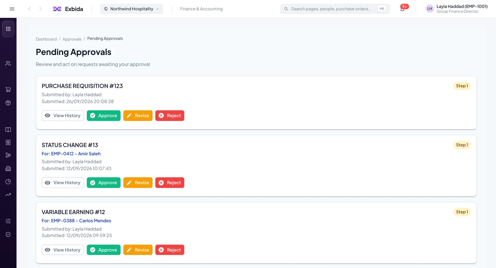 Pending Approvals screen with a purchase requisition, a status change, a variable earning and a variable deduction, each with approve, revise and reject actions