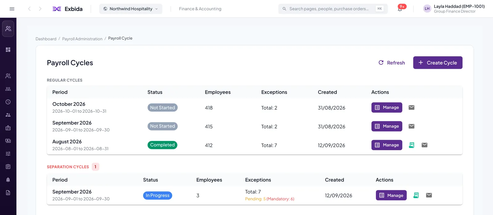Payroll Cycles screen listing regular monthly cycles with status, employee count and exceptions, and a separate list of separation cycles